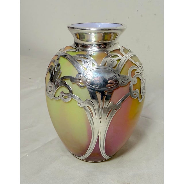 Metal Antique Hand Blown Loetz Candia Silberiris Sterling Silver Overlay Glass Vase For Sale - Image 7 of 14