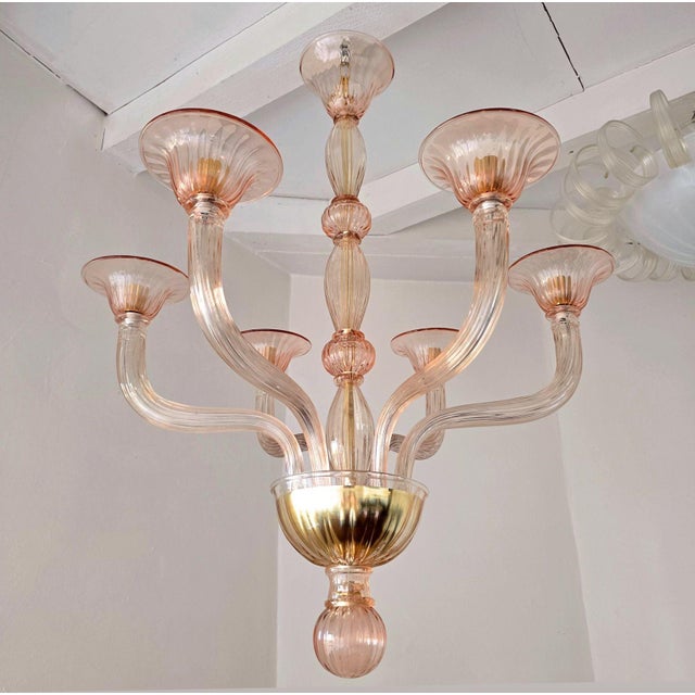 Mid century modern pink Murano glass chandelier, Venini style, Italy late 1970s. The Italian chandelier is made of...