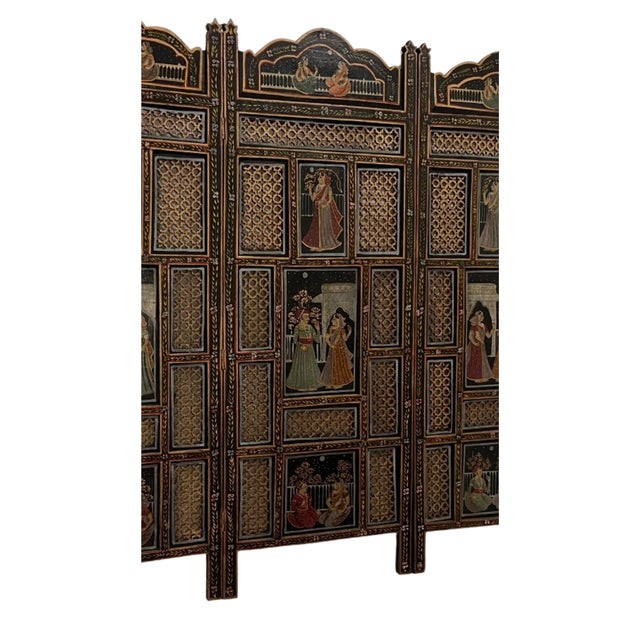 Indian Vintage Indian Carved Turned and Painted 3 Panel Screen For Sale - Image 3 of 6