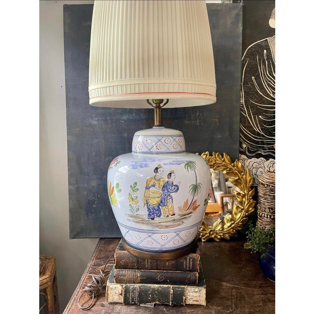 Frederick Cooper Vintage Oversized Italian Ceramic Lamp by Frederick Cooper Depicting Asian Scene For Sale - Image 4 of 11