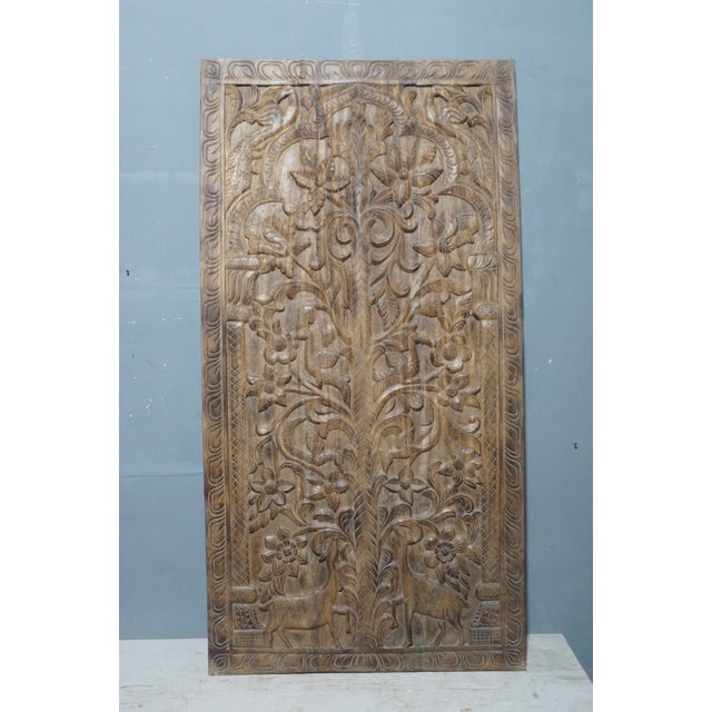 Mid-Century Modern Hand-Carved Tree of Life Barn Door With Deer – Vintage Reclaimed Wood Wellness Wall Art Panel 84x36 For Sale - Image 3 of 6
