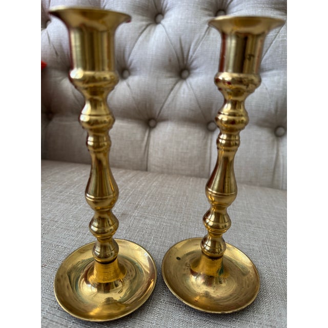 Late 20th Century Solid Brass Candlestick Holders - Set of 2 For Sale - Image 11 of 11