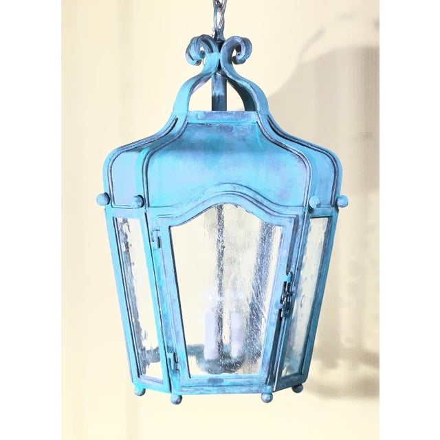 Exquisite Vintage Verdigris Hand -Forge Iron Hanging Lantern For Sale - Image 16 of 18