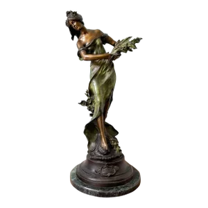 Monumental Early 20th C Original Mold Bronze Toned Auguste Moreau's "Lady With Wheat" With Green Marble Base