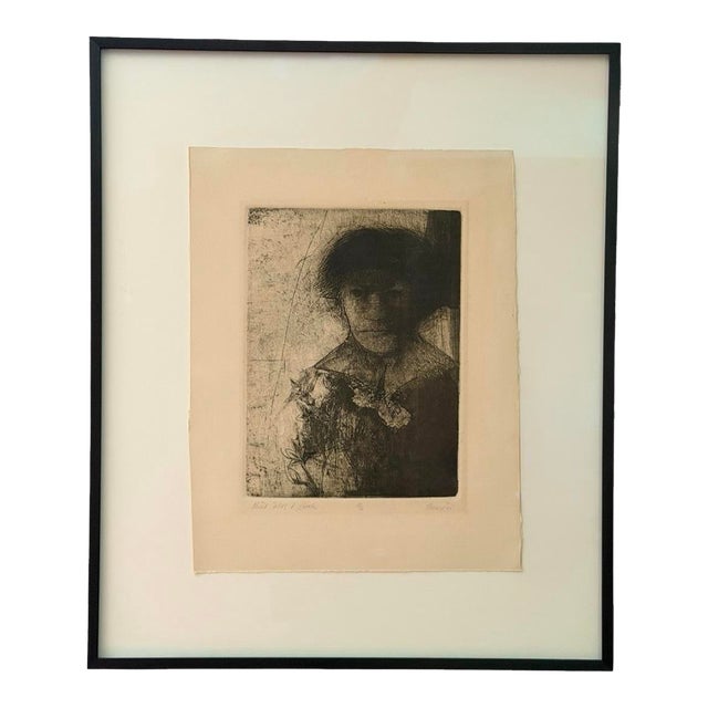 Robert Ernst Marx "Child Alone W/ Flower" Original Etching (1965) - Custom Framed With Museum Glass For Sale