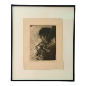 Robert Ernst Marx "Child Alone W/ Flower" Original Etching (1965) - Custom Framed With Museum Glass