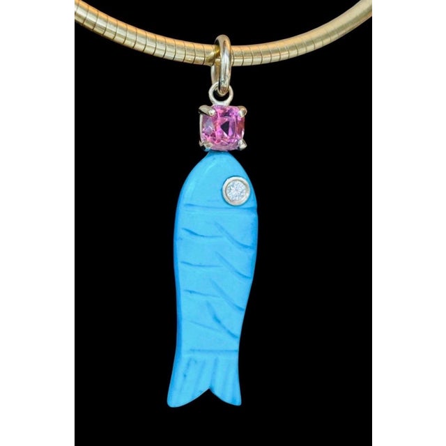 Perfect Poisson Pendant Turquoise, Diamond, Pink Tourmaline & 14k Gold Carved turquoise fish with 2mm round diamond eye...