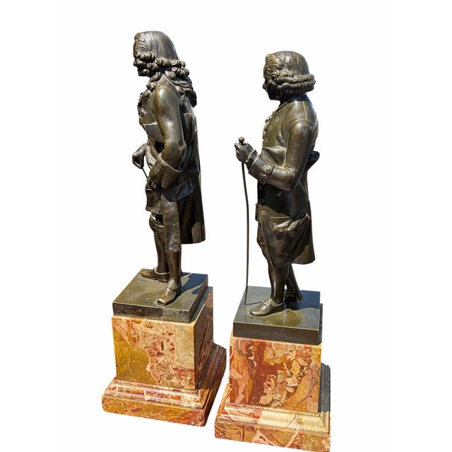 Early 19th Century Fine Pair 19th Century Bronze & Marble Classical Sculptures Voltaire & Rousseau For Sale - Image 5 of 11