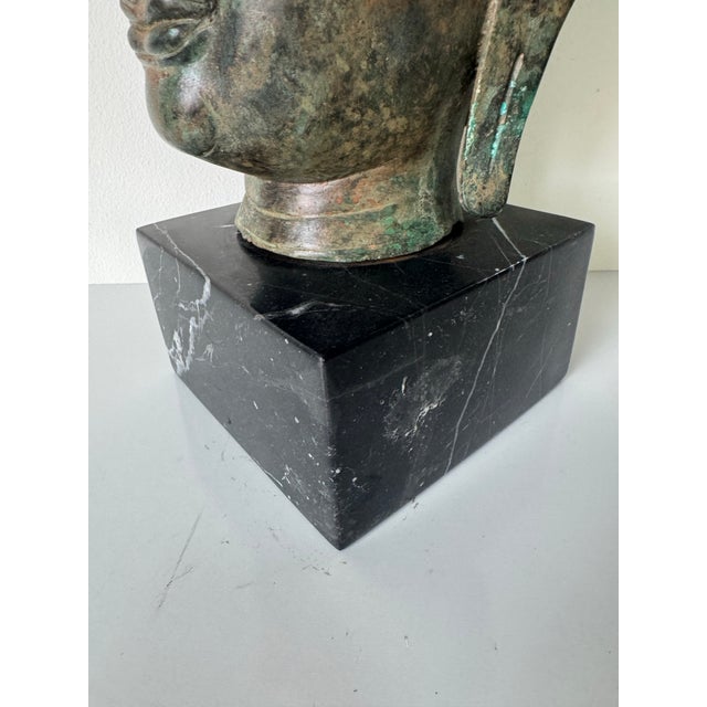 Vintage Verdigris Bronze Buddha Head Sculpture on Black Marble Base For Sale - Image 9 of 12