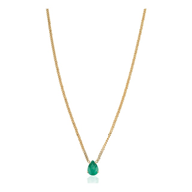 1.63ct Pear Cut Emerald Solitaire Modern Necklace in 14k Yellow Gold-18 Inch Length For Sale