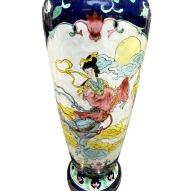 Beautiful vintage Chinese cloisonné enamel baluster vase featuring colorful celestial maiden or Feitian/Apsara-style...