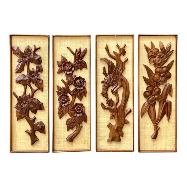 Mid Century Set of 4 Carved Teak Wood Tiki Style Tropical Wall Art For Sale