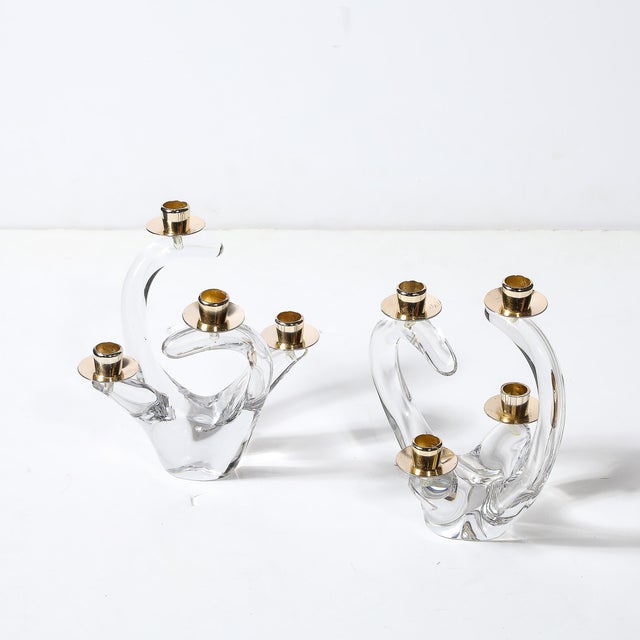 Pair of Mid-Century Amorphic Crystal & Brass 4 Arm Candelabras Signed Schneider For Sale - Image 14 of 15