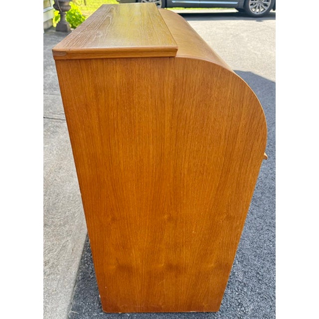 Brown Mid Century Modern Teak Roll Top Cylinder Desk For Sale - Image 8 of 9