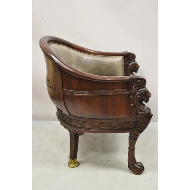 Late 20th Century Baker Stately Homes Regency Style Grey Leather Lions Head Pull Up Tub Club Chair For Sale - Image 12 of 12