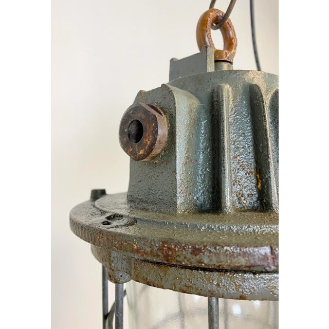 Glass Gray Industrial Cast Iron Cage Pendant Light, 1960s For Sale - Image 7 of 14