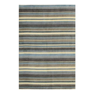 5' 6"x8' Blue Brown Modern Stripe Hand-Knotted Wool Rug For Sale