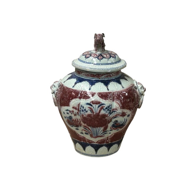 Ceramic Orient Crackle Blue Red White Floral Graphic Ceramic Jar For Sale - Image 7 of 16