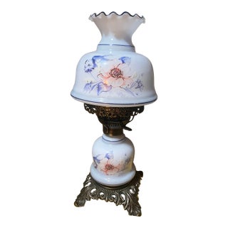Antique Milk Glass Hurricane Double-Stacked Table Lamp W/ Blue & Pink Hand Painted Florals For Sale