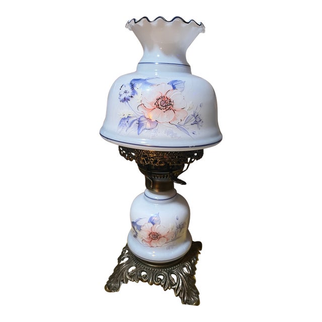 Antique Milk Glass Hurricane Double-Stacked Table Lamp W/ Blue & Pink Hand Painted Florals For Sale
