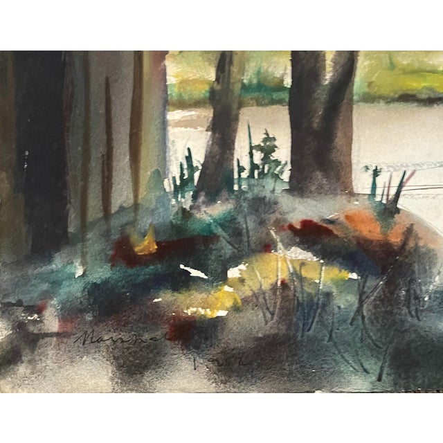 1952 watercolor on paper landscape of a barn on the edge of a pond or lake, signed "Marshall '52" lower left. Combined...