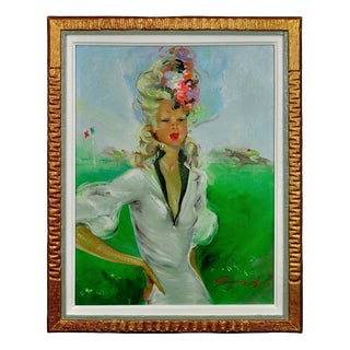 Follower of Jean-Gabriel Domergue, Lady at the Races, 1950s, Oil on Canvas, Framed For Sale