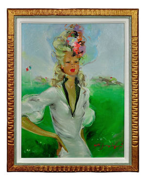 Follower of Jean-Gabriel Domergue, Lady at the Races, 1950s, Oil on Canvas, Framed