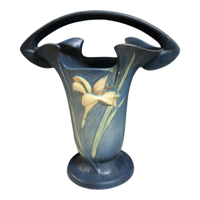 1940s Roseville Blue Zephyr Lilly Two-Handle Vase For Sale