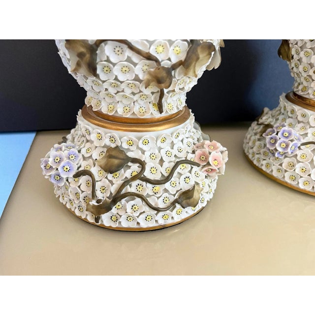 1950s Applied Floral Porcelain Tree of Life Lamps, Pair For Sale - Image 12 of 18