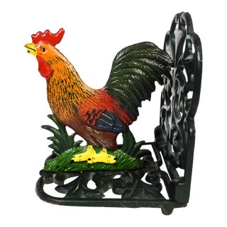 Vintage Cast Iron Painted Rooster/ Chicken Bird Bookend For Sale
