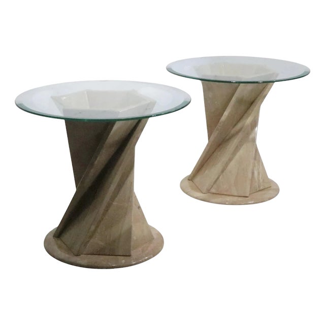 Pair of Modernist Italian Travertine Flower Twist Base End Tables C. 1970/80's For Sale
