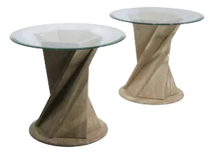 Pair of Modernist Italian Travertine Flower Twist Base End Tables C. 1970/80's