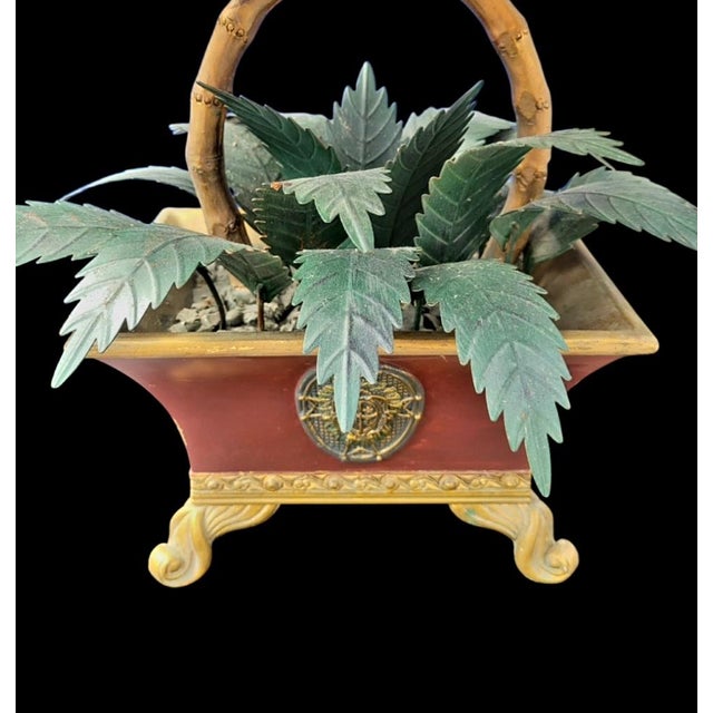 Vintage Tole Metal Palm Leaf Faux Bamboo Cache Pot Regency Wicker Shade Table Lamp For Sale In West Palm - Image 6 of 9