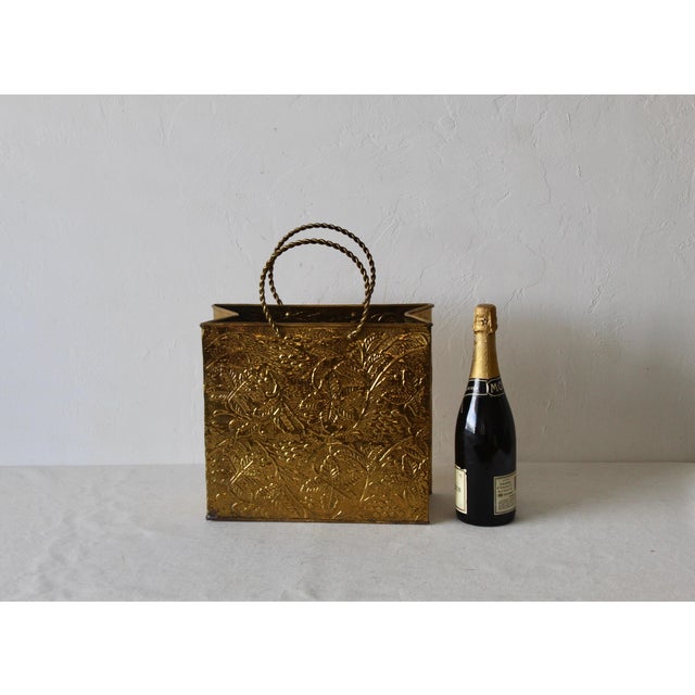 1970s Sarreid Ltd Style Embossed Brass Shopping Tote Bag Magazine Holder For Sale - Image 10 of 11
