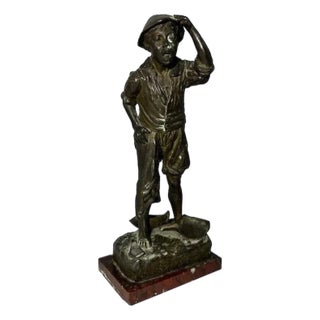 Bronzed Spelter Boy Figurine on Marble Base - Continental Antique For Sale