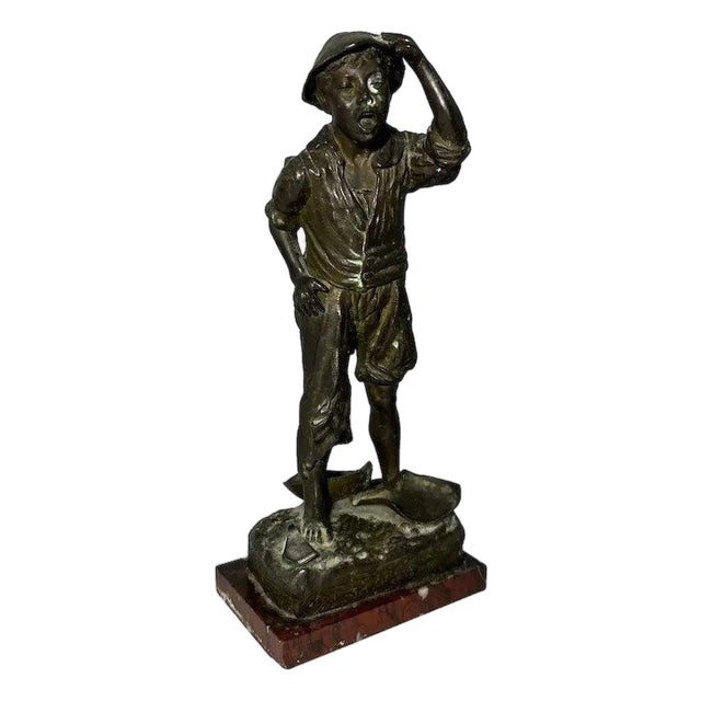 Bronzed Spelter Boy Figurine on Marble Base - Continental Antique For Sale