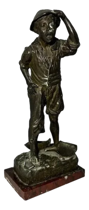 Bronzed Spelter Boy Figurine on Marble Base - Continental Antique
