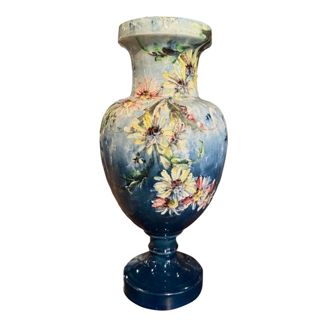 19th Century French Hand-Painted Floral Barbotine Vase Signed P. Perret For Sale
