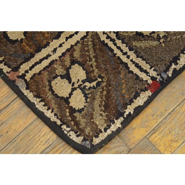 American 1900s Small Brown Earth Tone Geometric Folk Art Antique American Hooked Rug For Sale - Image 3 of 7