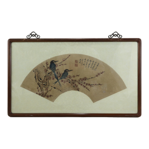 Vintage Chinese Fan Painting Flowers and Birds Framed Ink and Color on Paper With Calligraphy Poem