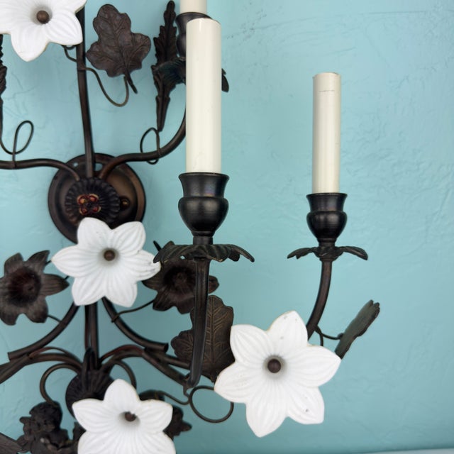 Vintage 7 Light Wrought Iron Wall Sconce With Milk Glass Flowers & Cherub Motif - Matching Sconce Available Separately For Sale - Image 9 of 12