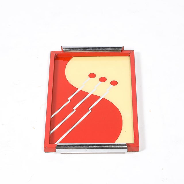 Art Deco Eglomise Graphic Geometric Detailed Tray in Vermillion Red & Yellow For Sale - Image 9 of 17