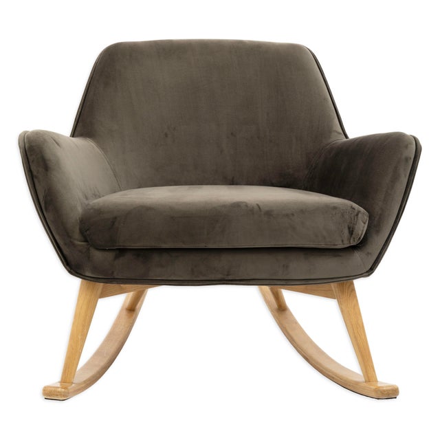 Late 20th Century Pair of Contemporary Gray Velvet Upholstered Rocking Chairs With Wooden Runners For Sale - Image 5 of 8