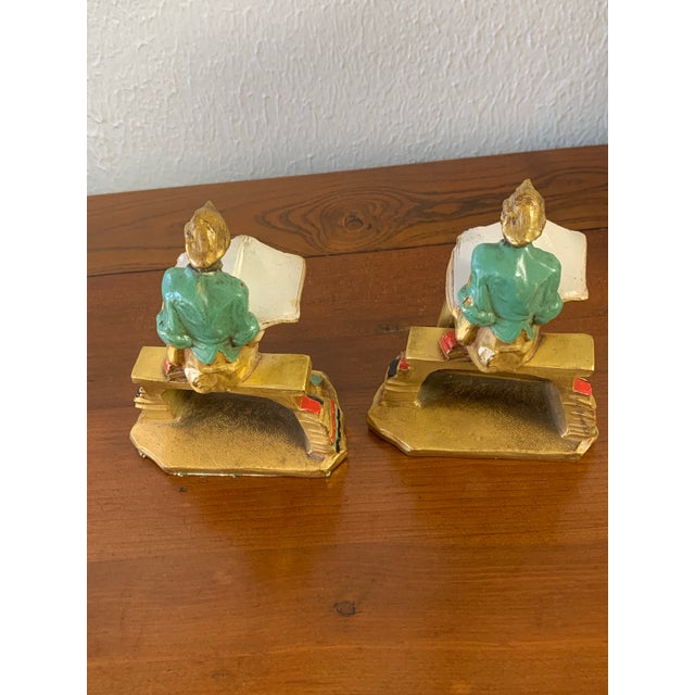 Metal Vintage “Bookworm” Figural Cast Iron Bookends – Reading Scholar Pair For Sale - Image 7 of 9