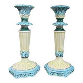 1980s Pair of Hand Painted Italian Ceramic Candlesticks For Sale