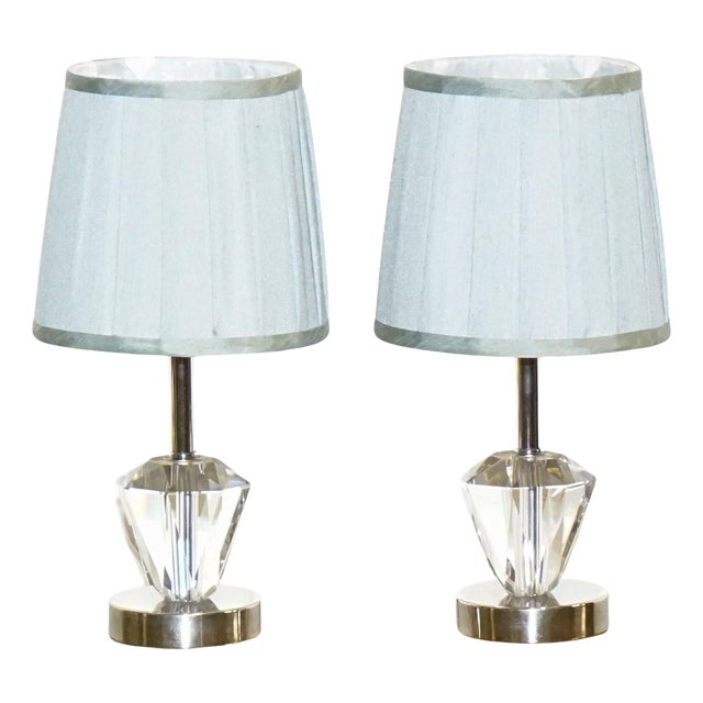 Diamond Glass on Stainless Steel Base Table Lamps with Baby Blue Shades, Set of 2 For Sale