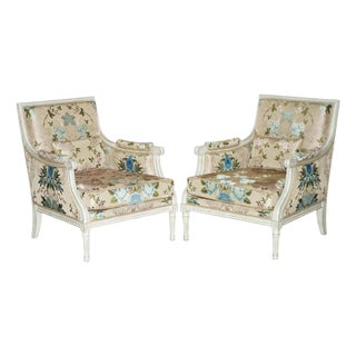 Antique French Charles-Emile Moinat Silk Floral Upholstered Armchairs, Set of 2 For Sale