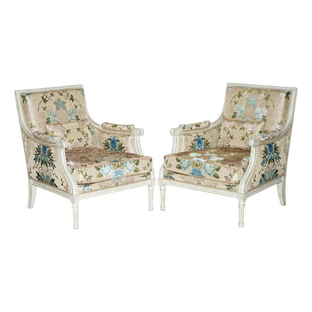 Antique French Charles-Emile Moinat Silk Floral Upholstered Armchairs, Set of 2 For Sale