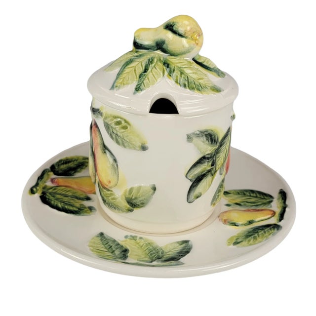 Contemporary Italian Trompe L’Oeil Pear Jam Jar With Saucer, Hand-Painted Ceramic, 4.5" For Sale - Image 3 of 11