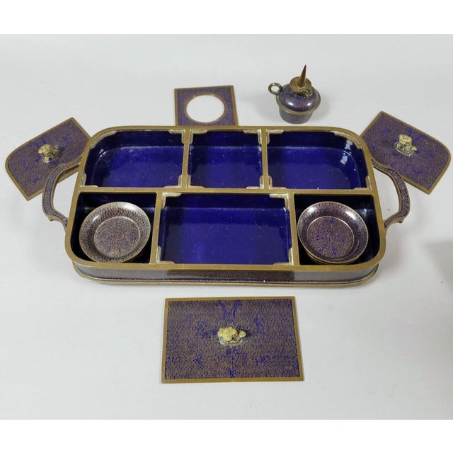 Late 19th Century Chinese Qing Cloisonné Opium Tray With Original Burner, Foo Dog Covers & Six Dishes For Sale - Image 4 of 11
